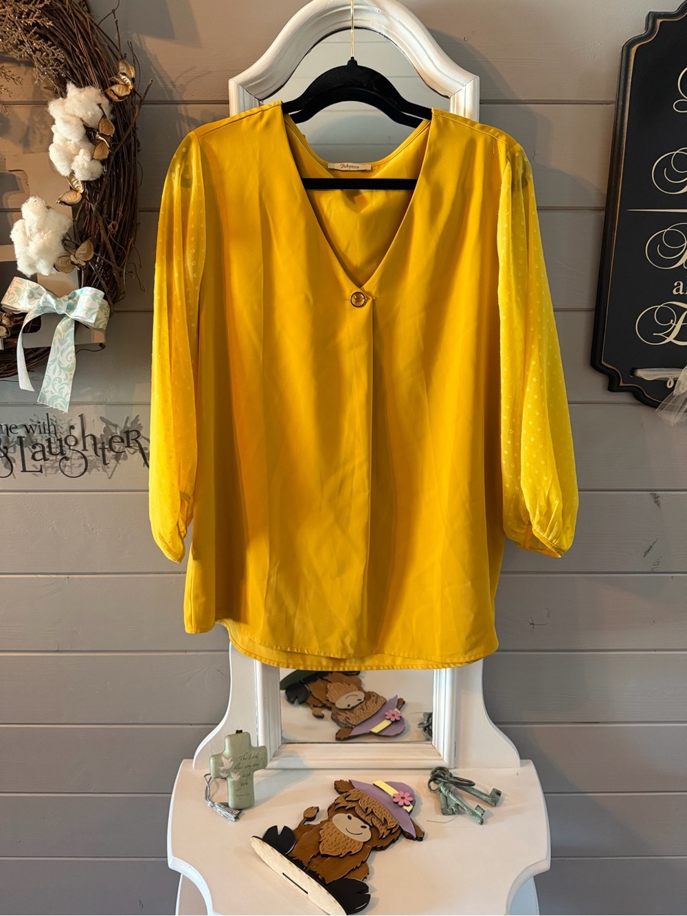 Mustard Yellow V-Neck Blouse with Sheer Dot Sleeves
